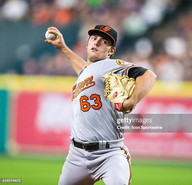 Baltimore Orioles starting pitcher Tyler Wilson delivers the pitch in the fifth inning of a MLB baseball game against the Houston Astros, Wednesday,...