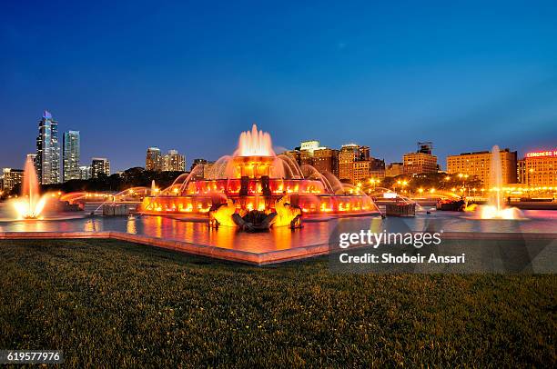 panoramic view of buckingham fountain in downtown chicago - buckingham fountain chicago stock-fotos und bilder