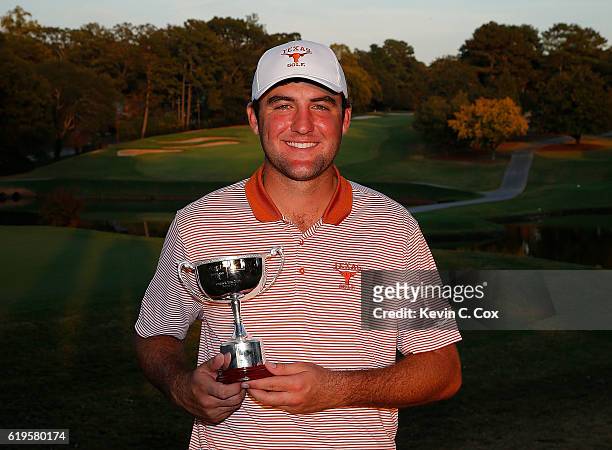 Scottie Scheffler of Texas poses with the trophy after his win during day 1 of the 2016 East Lake Cup at East Lake Golf Club on October 31, 2016 in...