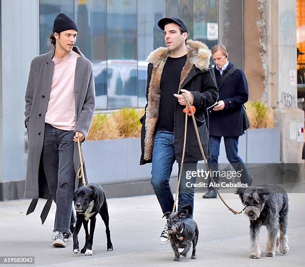 Zachary Quinto, Miles Mcmillan are seen in Soho on October 31, 2016 in New York City.