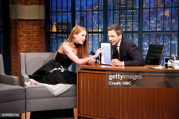 Episode 441 -- Pictured: Actress Genevieve Angelson during an interview with Seth Meyers on October 31, 2016 --