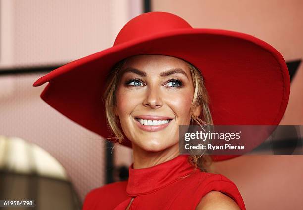 Jennifer Hawkins poses at the Myer Marquee on Melbourne Cup Day at Flemington Racecourse on November 1, 2016 in Melbourne, Australia.