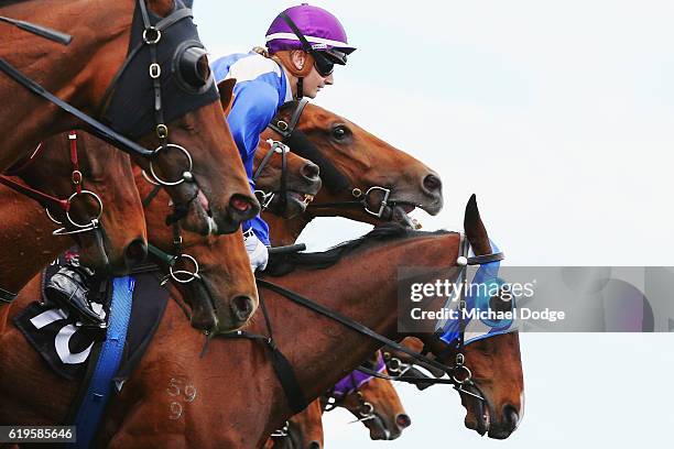 Jamie Kah riding Flying Casino jumps from the barrier in race 3 the J.B. Prince Of Penzance Plate on Melbourne Cup Day at Flemington Racecourse on...