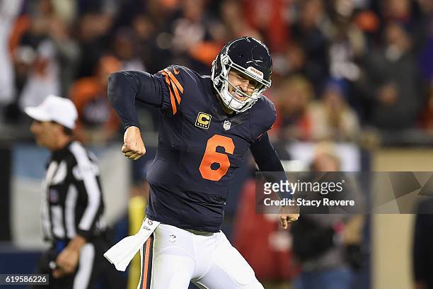 Jay Cutler of the Chicago Bears celebrates after a touchdown by Jordan Howard during the second quarter against the Minnesota Vikings at Soldier...