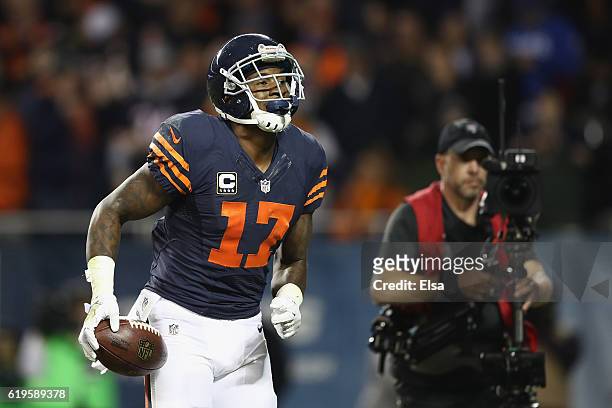 Alshon Jeffery of the Chicago Bears celebrates after scoring a touchdown during the third quarter against the Minnesota Vikings at Soldier Field on...