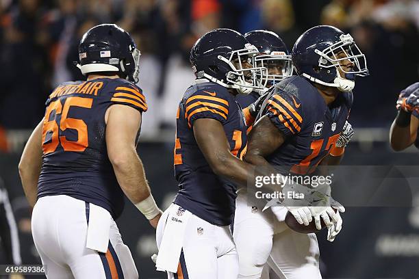 Alshon Jeffery of the Chicago Bears celebrates with teammates after scoring a touchdown during the third quarter against the Minnesota Vikings at...