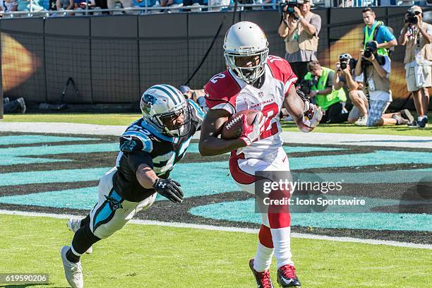 Arizona Cardinals Wide Receiver John Brown rushes past Carolina Panthers Cornerback Leonard Johnson during an NFL football game between the Arizona...