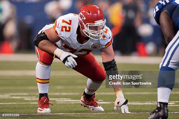 Kansas City Chiefs offensive lineman Eric Fisher looks at the defense before the snap during the NFL game between the Kansas City Chiefs and...