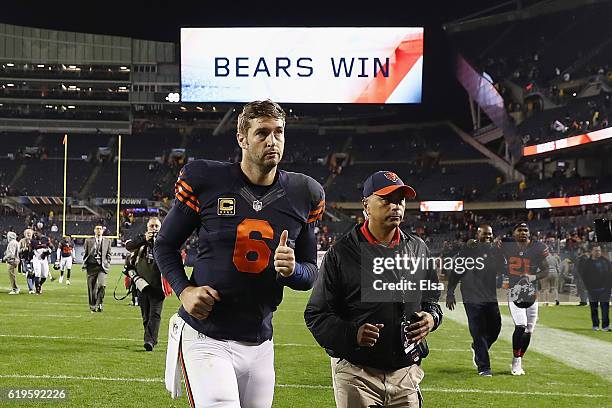 Jay Cutler of the Chicago Bears jogs off the field after the Chicago Bears defeated the Minnesota Vikings 20-10 at Soldier Field on October 31, 2016...