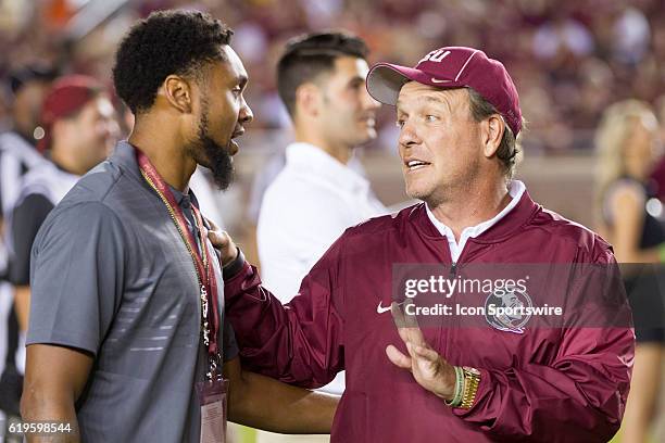 Florida State head coach Jimbo Fisher with former Florida State WR Rashad Greene before an NCAA football game between the Florida State Seminoles and...