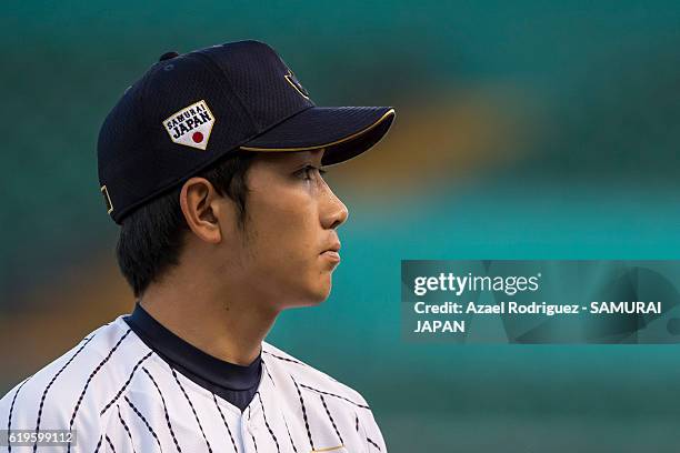 Akiyoshi Katsuno of Japan looks on during the WBSC U-23 Baseball World Cup Group B game between Austria and Japan at Estadio de Beisbol Francisco I....