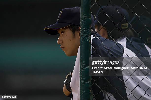 Daiki Tajima of Japan looks on during the WBSC U-23 Baseball World Cup Group B game between Austria and Japan at Estadio de Beisbol Francisco I....