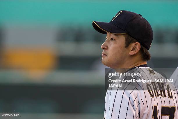 Kyosuke Ohno of Japan looks on during the WBSC U-23 Baseball World Cup Group B game between Austria and Japan at Estadio de Beisbol Francisco I....