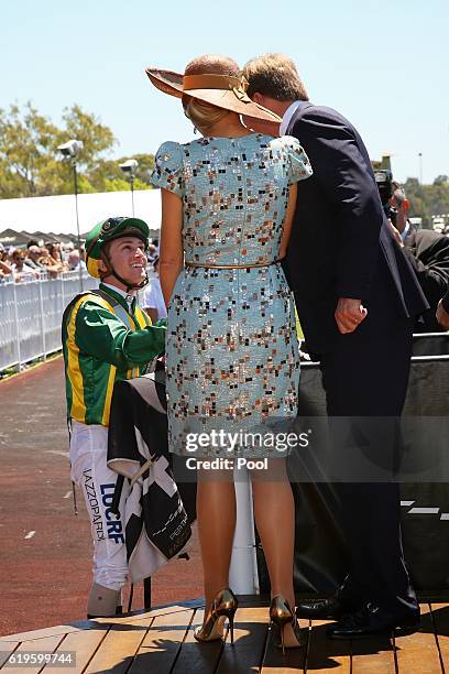 King Willem-Alexander of the Netherlands and Queen Maxima of the Netherlands congratulate jockey Joe Azzopardi who won the first race of the day on...