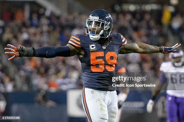 Chicago Bears Linebacker Danny Trevathan celebrates on defense in the 4th quarter during an NFL football game between the Minnesota Vikings and the...