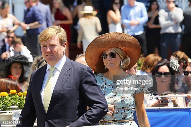 King Willem-Alexander of the Netherlands and Queen Maxima of the Netherlands visit the Ascot Racecourse on Melbourne Cup Day on November 01, 2016 in...