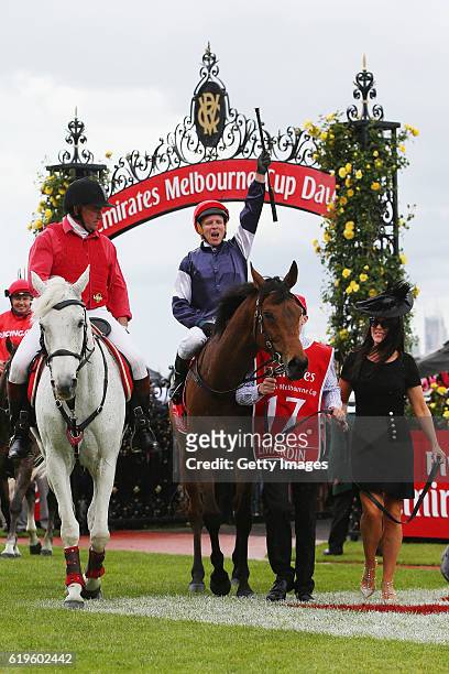 Ockey Kerrin McEvoy riding Almandin returns to scale after winning race 7 the Emirates Melbourne Cup on Melbourne Cup Day at Flemington Racecourse on...