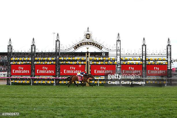 Jockey Kerrin McEvoy riding Almandin wins race 7 the Emirates Melbourne Cup on Melbourne Cup Day at Flemington Racecourse on November 1, 2016 in...
