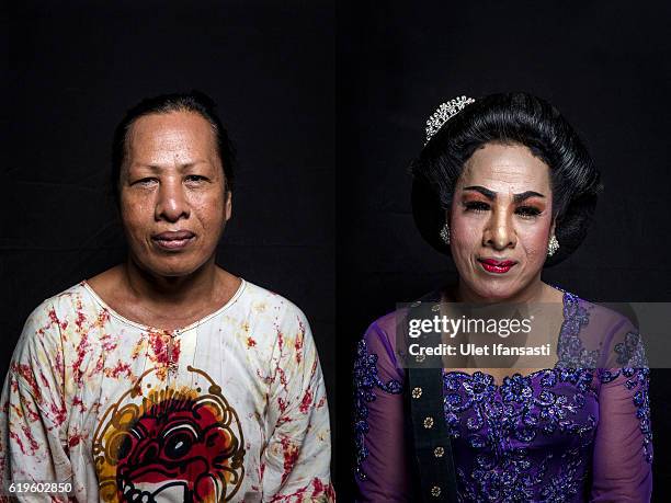 This composite image shows before and after portraits of transvestite Winarti before performing a traditional dance opera known as Ludruk on October...