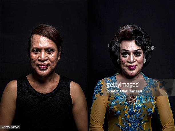 This composite image shows before and after portraits of transvestite Suhar Tatik before performing a traditional dance opera known as Ludruk on...