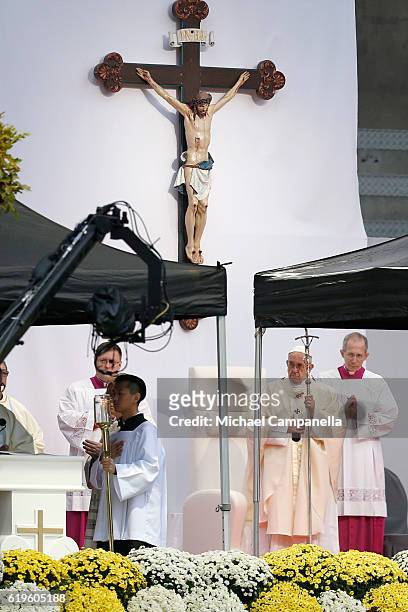 Pope Francis attends the Holy Mass at the Swedbank Stadion on November 1, 2016 in Malmo, Sweden. The Pope is on 2 days visit attending...