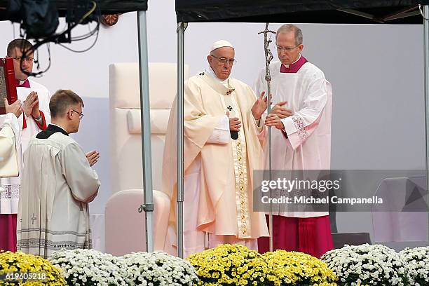 Pope Francis attends the Holy Mass at the Swedbank Stadion on November 1, 2016 in Malmo, Sweden. The Pope is on 2 days visit attending...