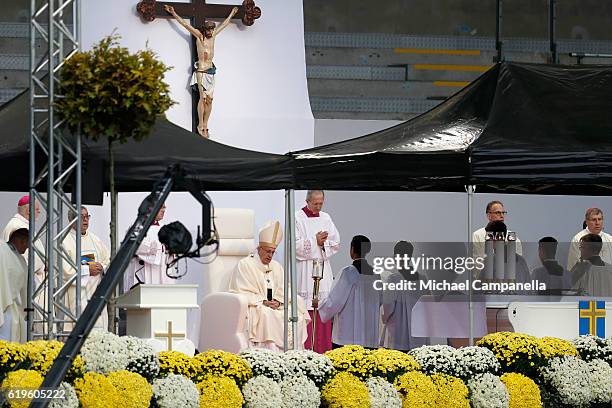 Pope Francis attends the Holy Mass at the Swedbank Stadion on November 1, 2016 in Malmo, Sweden. The Pope is on 2 days visit attending...