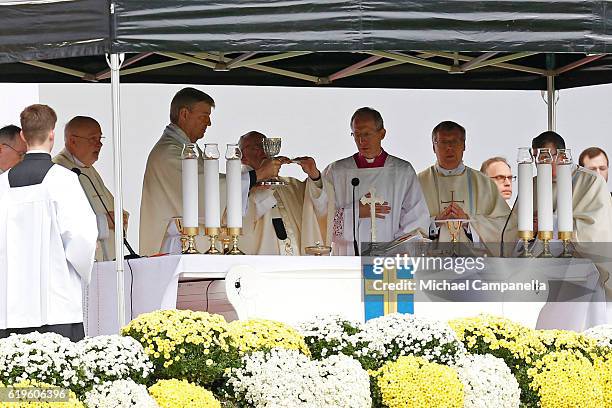 Pope Francis attends the Holy Mass at the Swedbank Stadion on November 1, 2016 in Malmo, Sweden. The Pope is on 2 days visit attending...