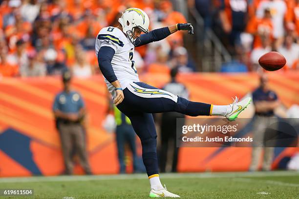 Punter Drew Kaser of the San Diego Chargers at Sports Authority Field at Mile High on October 30, 2016 in Denver, Colorado.