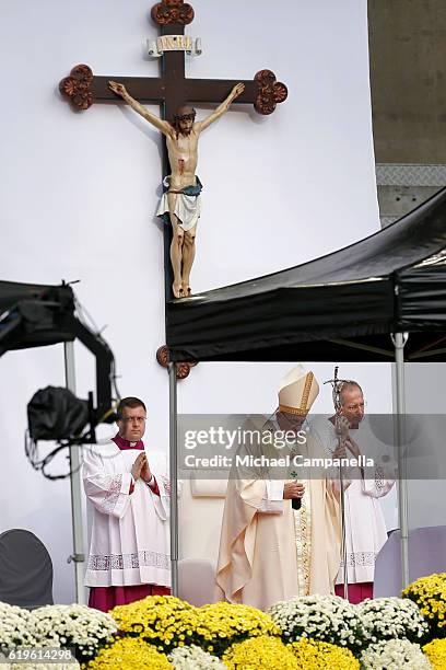 Pope Francis attends the Holy Mass at the Swedbank Stadion on November 1, 2016 in Malmo, Sweden. The Pope is on 2 days visit attending...