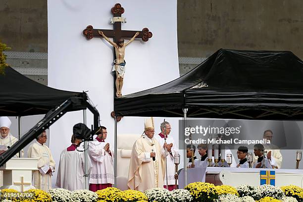 Pope Francis attends the Holy Mass at the Swedbank Stadion on November 1, 2016 in Malmo, Sweden. The Pope is on 2 days visit attending...