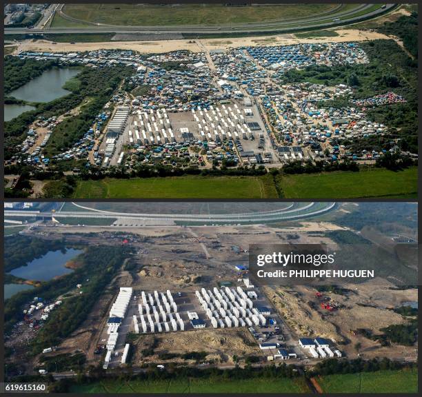 Combination made on November 1, 2016 shows two aerial views of the "jungle" camp in Calais, northern France, one taken on August 16, 2016 when,...