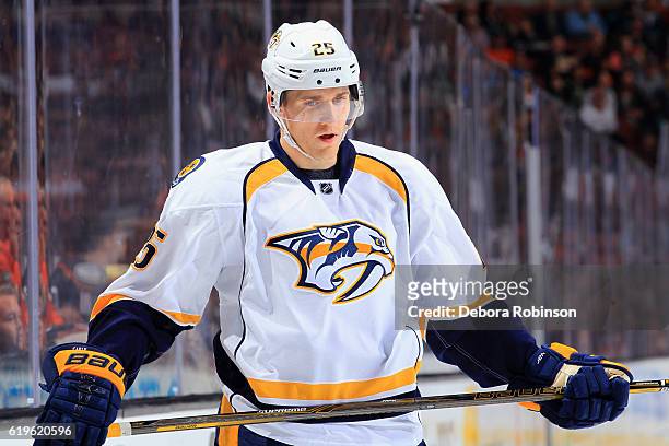 Matt Carle of the Nashville Predators waits to resume play during the game against the Anaheim Ducks on October 26, 2016 at Honda Center in Anaheim,...