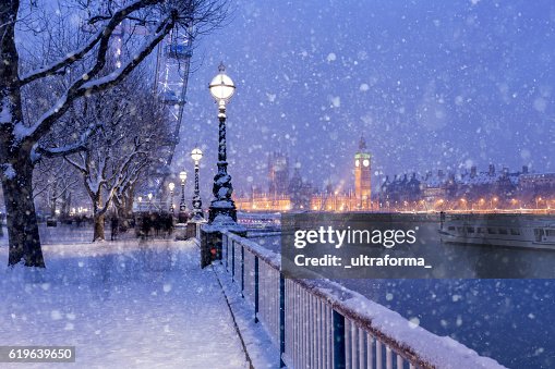 Snowing on Jubilee Gardens in London at dusk Snowing on Jubilee Gardens in London at dusk