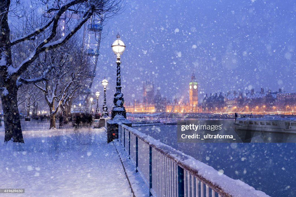 Snowing on Jubilee Gardens in London at dusk