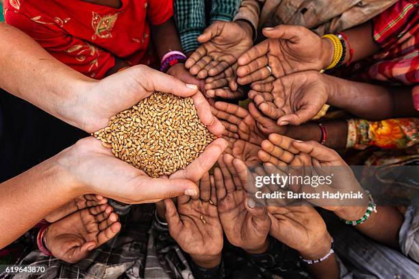 hungry african children asking for food, africa - hongersnood stockfoto's en -beelden