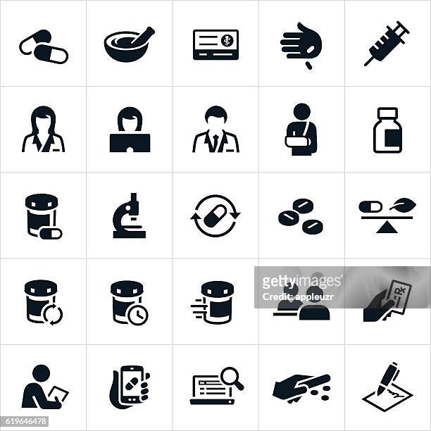 ilustraciones, imágenes clip art, dibujos animados e iconos de stock de iconos de farmacia - recetas