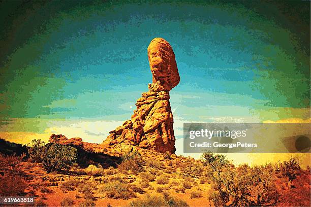 retro illustration of balanced rock in arches national park, utah - balanced rock arches national park stock illustrations