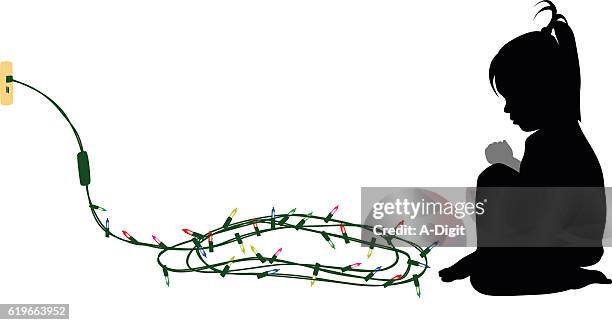 child waitingfor christmas - string lights isolated stock illustrations