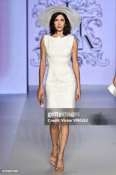 Model walks the runway during the Samuel Cirnansk show at Sao Paulo Fashion Week Fall/Winter 2017 on October 27, 2016 in Sao Paulo, Brazil.