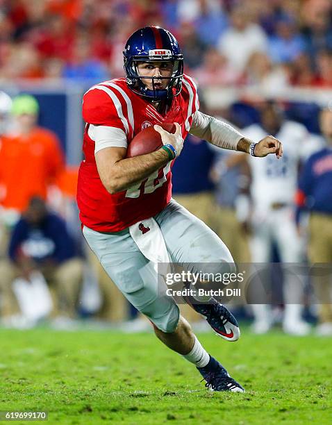 Quarterback Chad Kelly of the Mississippi Rebels scrambles for yardage during the 2nd half of an NCAA college football game on October 29, 2016 in...