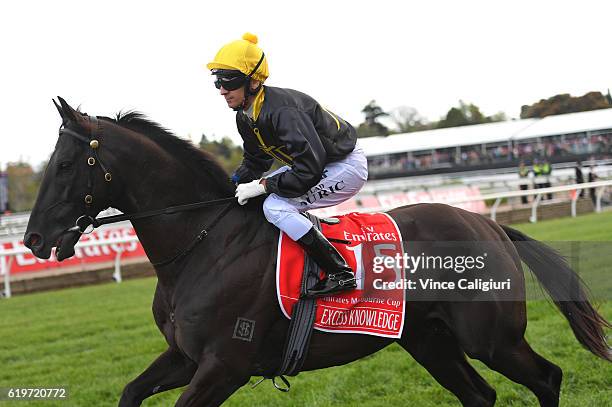 Vlad Duric riding Excess Knowledge to the start of Race 7, the Emirates Melbourne Cup on Melbourne Cup Day at Flemington Racecourse on November 1,...