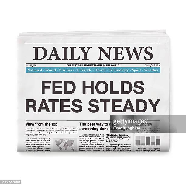 fed holds rates steady headline. newspaper isolated on white background - broadsheet stock illustrations