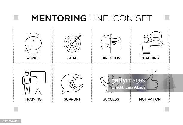 mentoring keywords with monochrome line icons - small business training stock illustrations