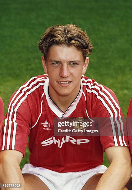 Lee Sharpe of Manchester United pictured at the pre season photocall ahead of the 1989/90 season at Old Trafford, Manchester, England.