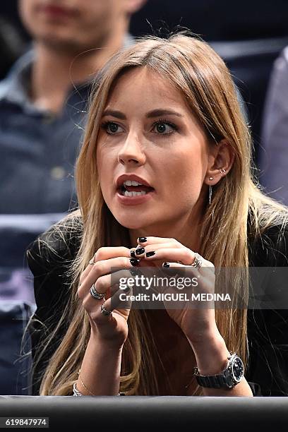 Czech model and wife of Czech Republic's Tomas Berdych Ester Satorova attends his second round tennis match against Portugal's Joao Sousa at the ATP...