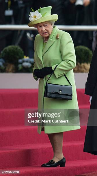 Queen Elizabeth II attending the Official Ceremonial Welcome for the Colombian State Visit at Horse Guards Parade on November 1, 2016 in London,...