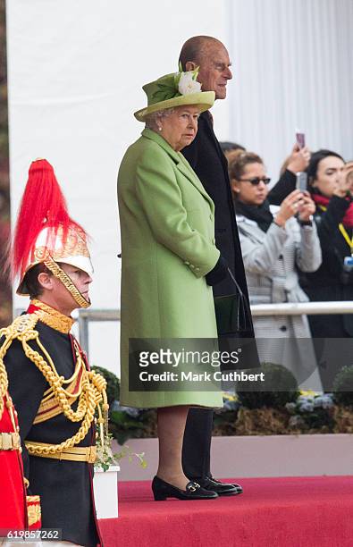 Queen Elizabeth II and Prince Philip, Duke of Edinburgh attending the Official Ceremonial Welcome for the Colombian State Visit at Horse Guards...