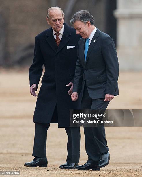 Prince Philip, Duke of Edinburgh with President Juan Manuel Santos Calderon attending the Official Ceremonial Welcome for the Colombian State Visit...