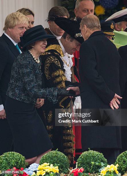 Prince Philip, Duke of Edinburgh talks to Prime Minister Theresa May at the Official Ceremonial Welcome for the Colombian State Visit at Horse Guards...